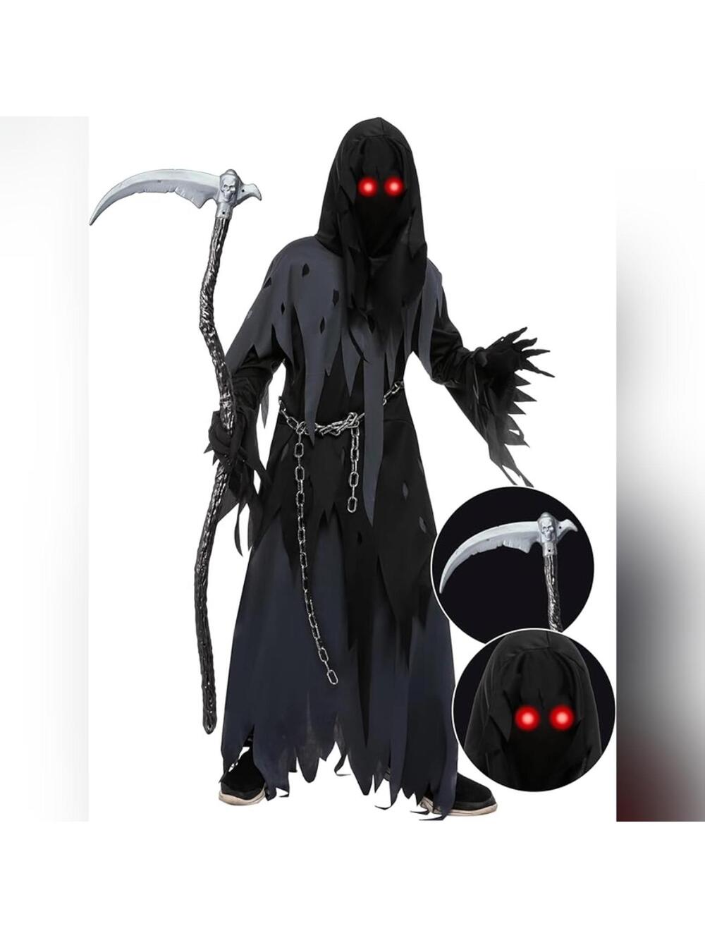 NWT Spooktacular Boy's Glowing Eyes Grim Reaper Costume Cosplay, L (10-12 yrs)